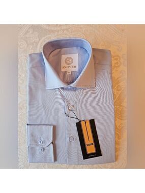 100% Cotton Sky Blue / Grey Formal Button Down Shirt, 39, 15.5", Med Snover, NWT